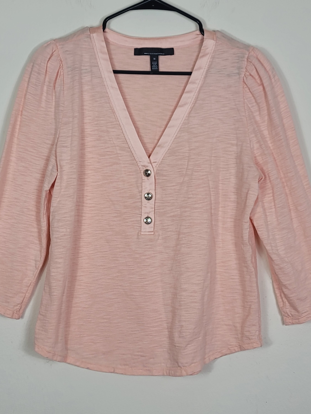 White House Black Market WHBM Henley Top 3/4 Sleeve V-Neck Size M Puff Sleeve